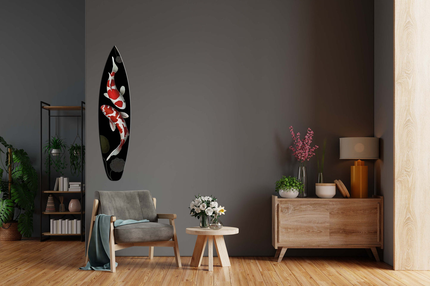 Decorative Surfboard Wall Artwork with Fish Pattern