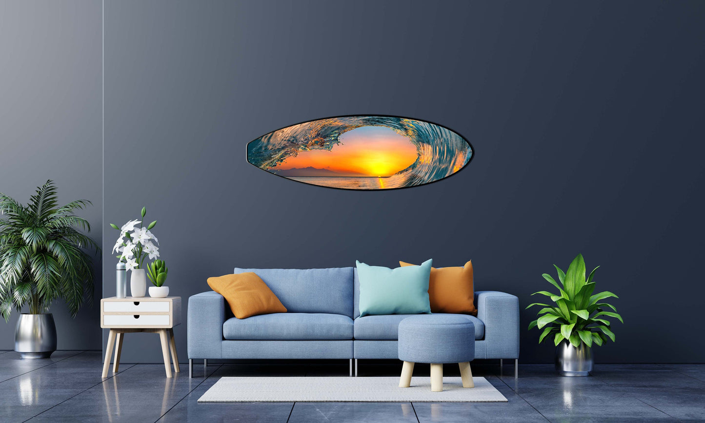 Vibrant Sunset Wave: Decorative Surfboard-Shaped Seascape Wall Hanging