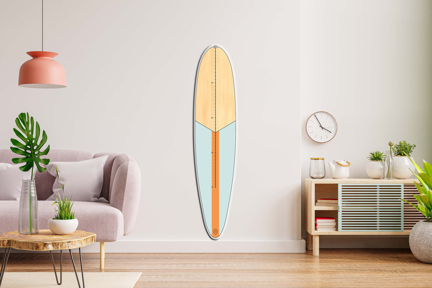 Surfboard Blue-White Wooden Kids Growth Chart with Wave Print