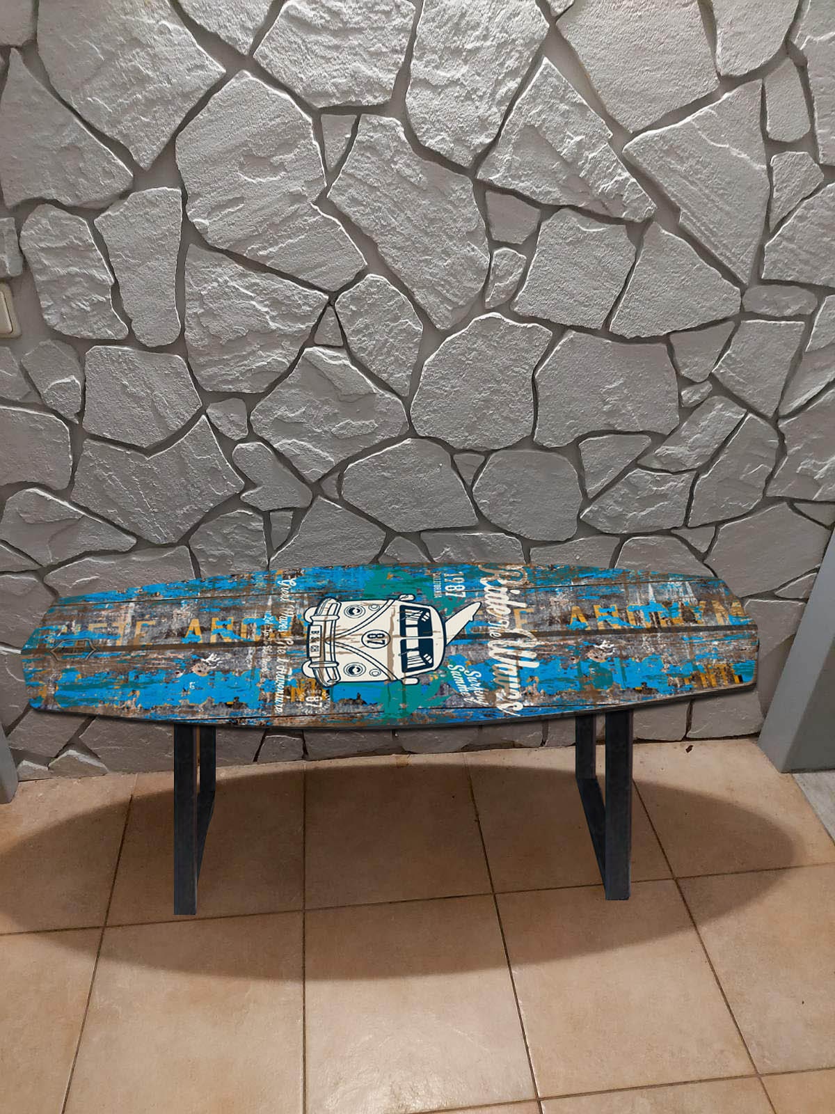 Surfboard Antique Style Wooden Bench in White and Blue Colors: Surf Club “Surfing Camp”
