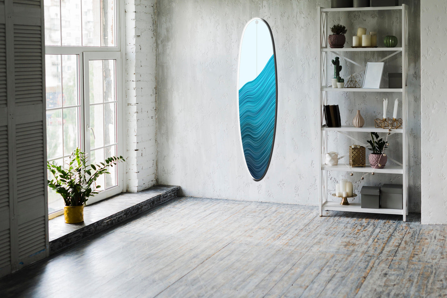 50' Decorative Wooden Surfboard Wall Hanging with Blue Ocean Wave Pattern
