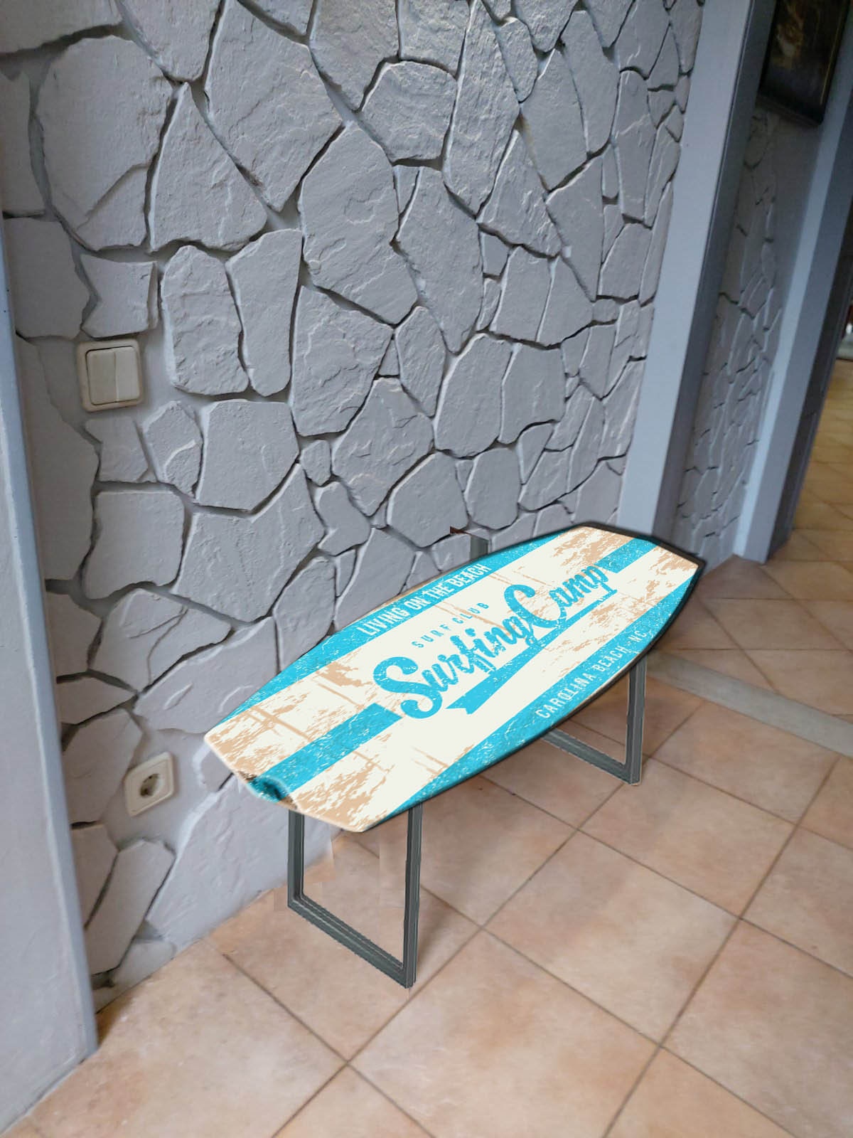 Vintage Surfboard Shaped Indoor Bench with Tourist Car Print - California Surfing Camp: Pacific Wave Riders