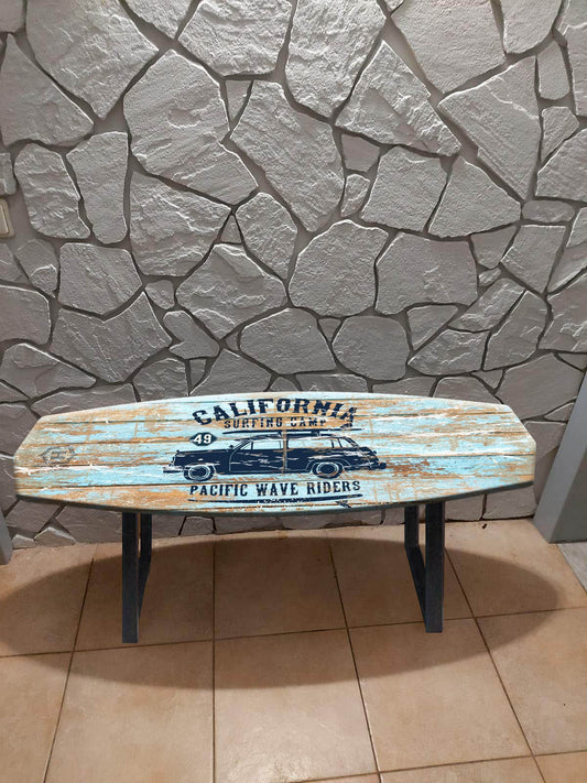Vintage Surfboard Shaped Indoor Bench with Tourist Car Print - California Surfing Camp: Pacific Wave Riders