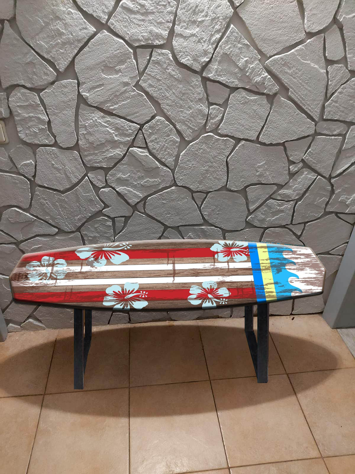 Surfboard Handcrafted Bench with blue Hawaiian Flowers - Hibiscus Flowers
