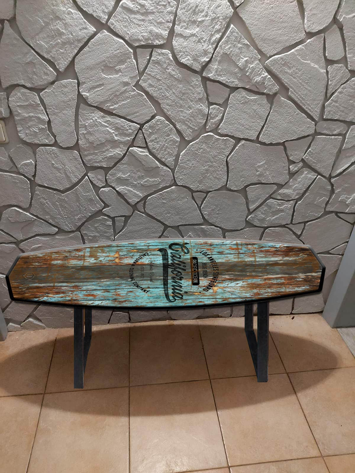 Wooden Antique Table: Coffee Table in Shape of a Surfboard for the Coastal House Decor