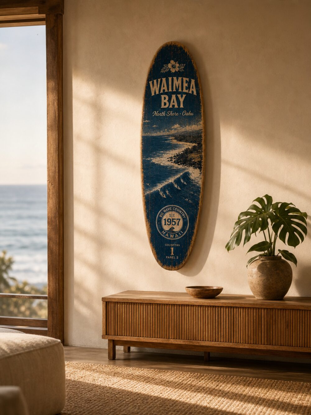 Waimea Bay decorative surfboard on a plaster wall in a quiet coastal room