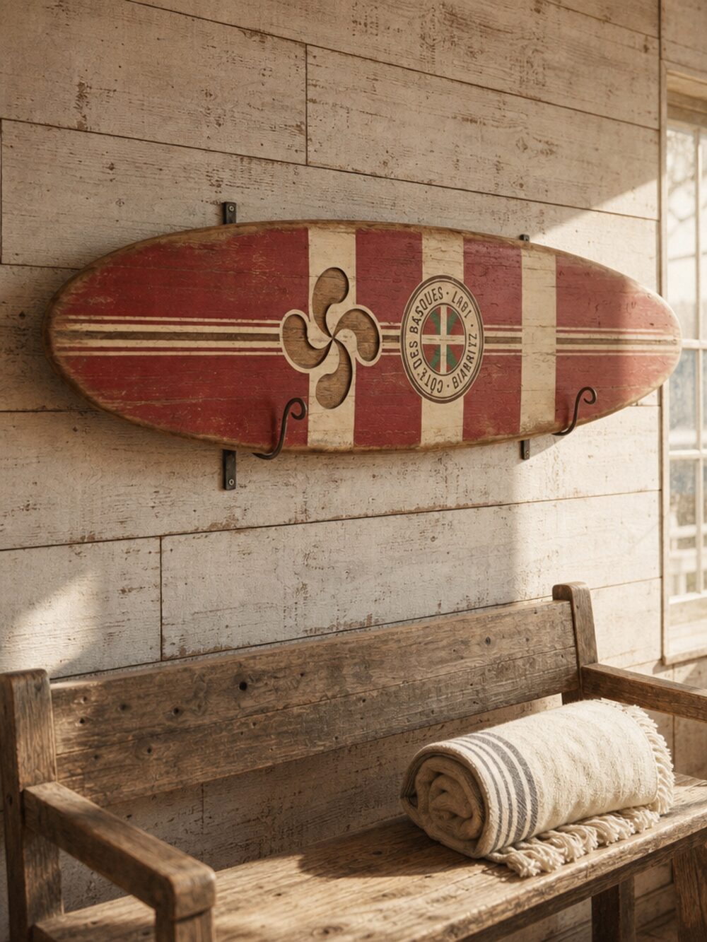 Biarritz Cote Basque board, sun-faded stripes on a whitewashed plank wall