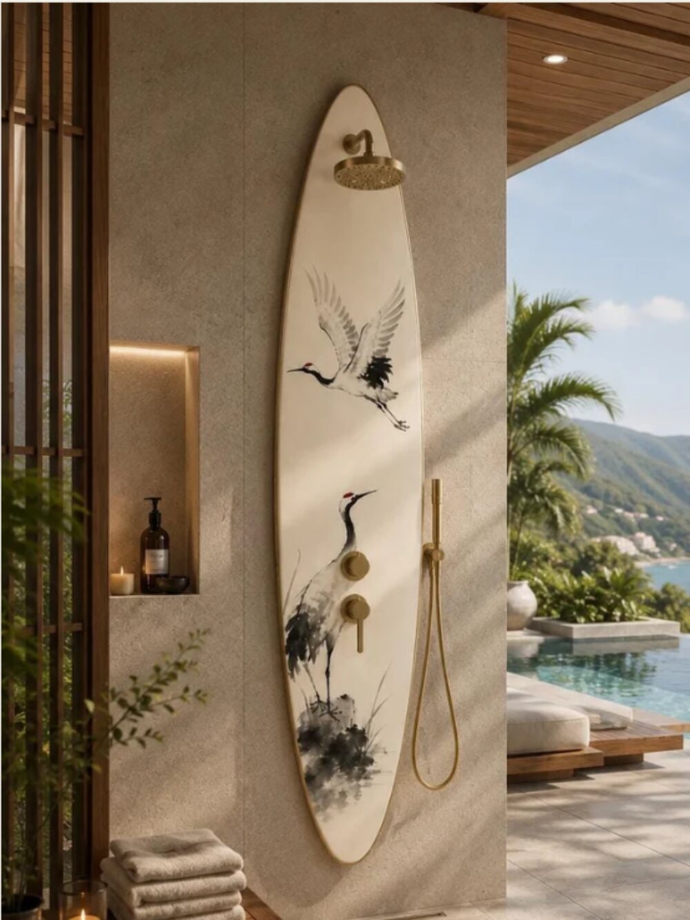 Japanese Crane shower panel with brass fittings on a stone wall by a pool